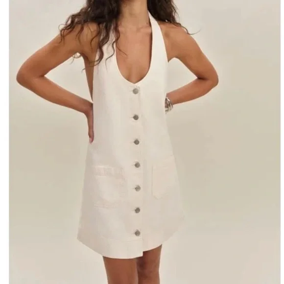 REFORMATION Brittany Halter Denim Minidress in White -  threedaughtersproperties.com